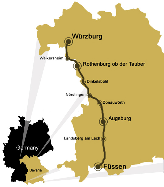Романтическая дорога на карте Германии